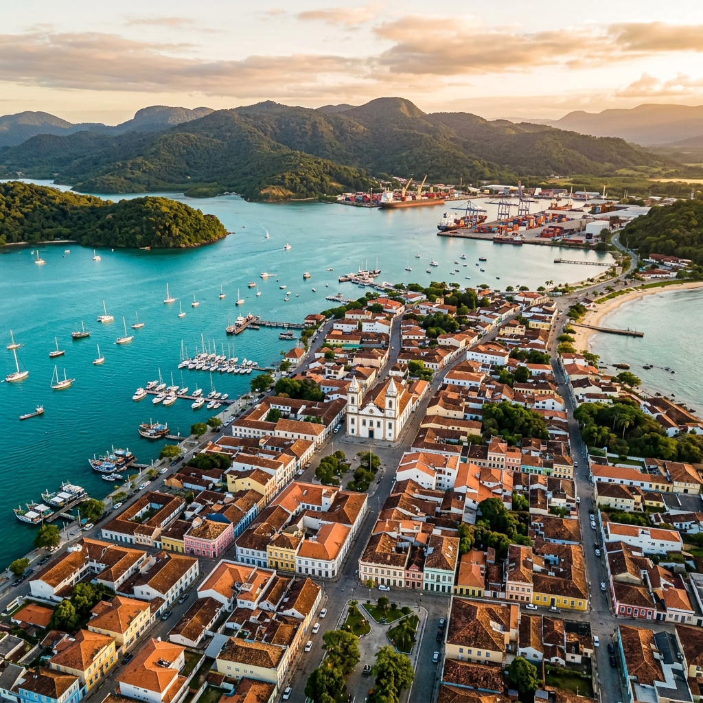 Vista aérea de São Francisco do Sul com arquitetura colonial, Baía da Babitonga e o porto ao fundo